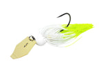 White Chartreuse Tip Gold bladed jig bass fishing lure for bass fishing by Weapons of Bass Destruction